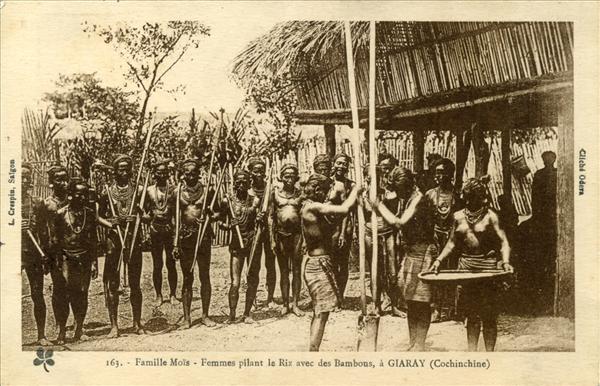 163. - Famille Moïs - Femmes pilant le Riz avec des Bambous, à GIARAY (Cochinchine)
