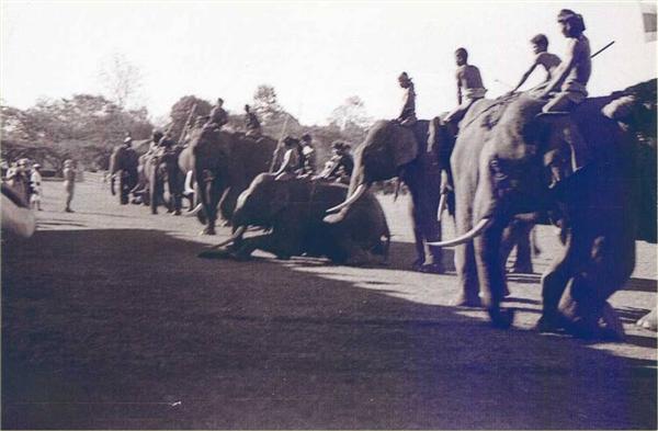 INDOCHINE 1943: GRAND SERMENT MOÏ A BANMETHUOT: UN ELEPHANT S'AGENOUILLE DEVANT LE GOUVERNEUR GENERA