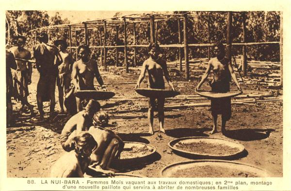 88. LA NUI-BARA - Femmes Moîs vaquant aux travaux domestiques; en 2me plan, montage d'une nouvelle p